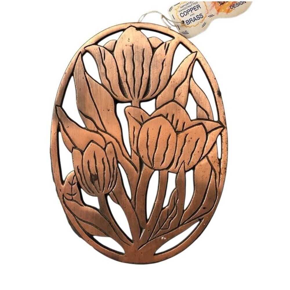 Vintage copper trivet Dutch design tulips 80s cottage new with tags